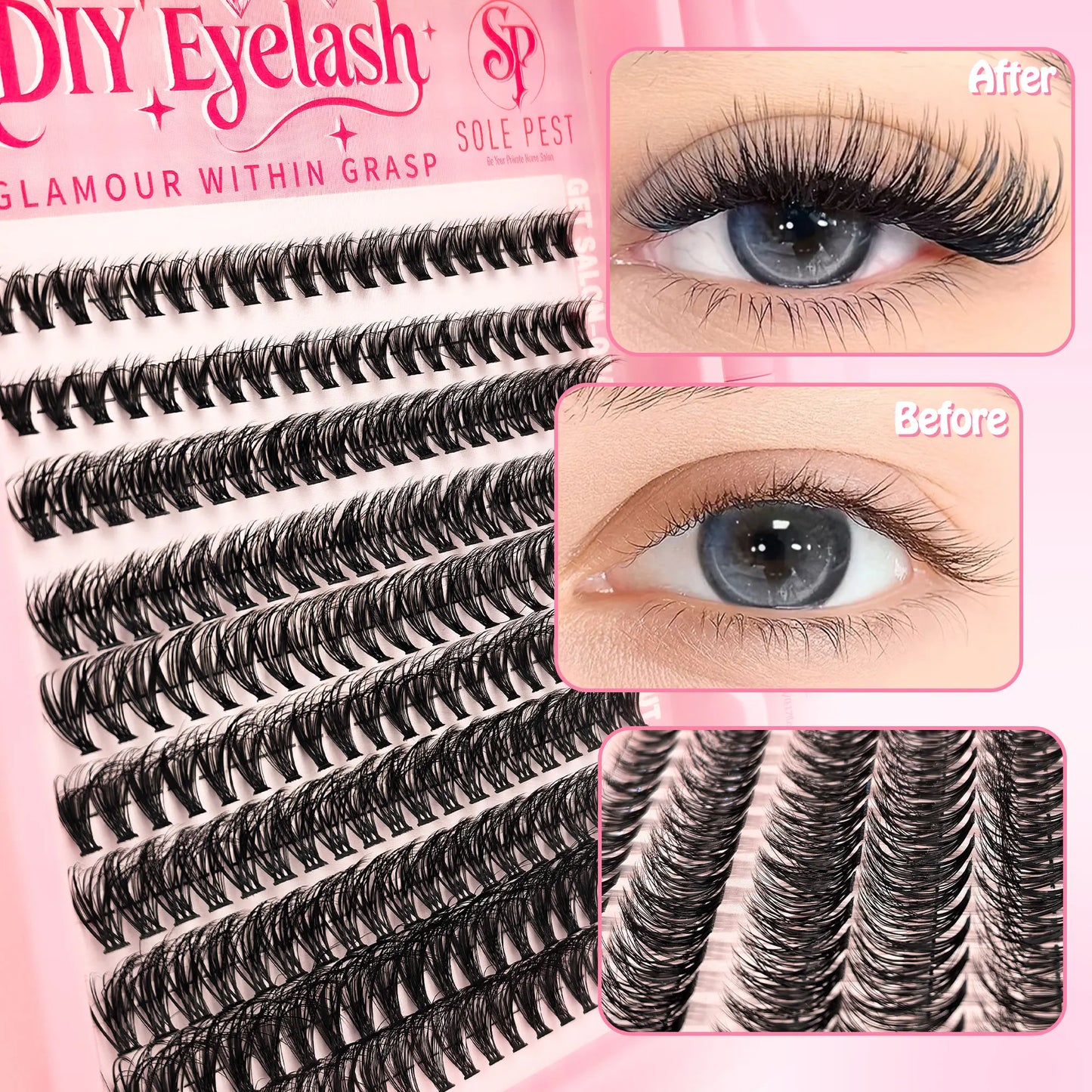200 clusters of natural-looking false eyelashes - 9-16 mm, includes eyelash glue and tweezers for D I Y eyelash extensions.