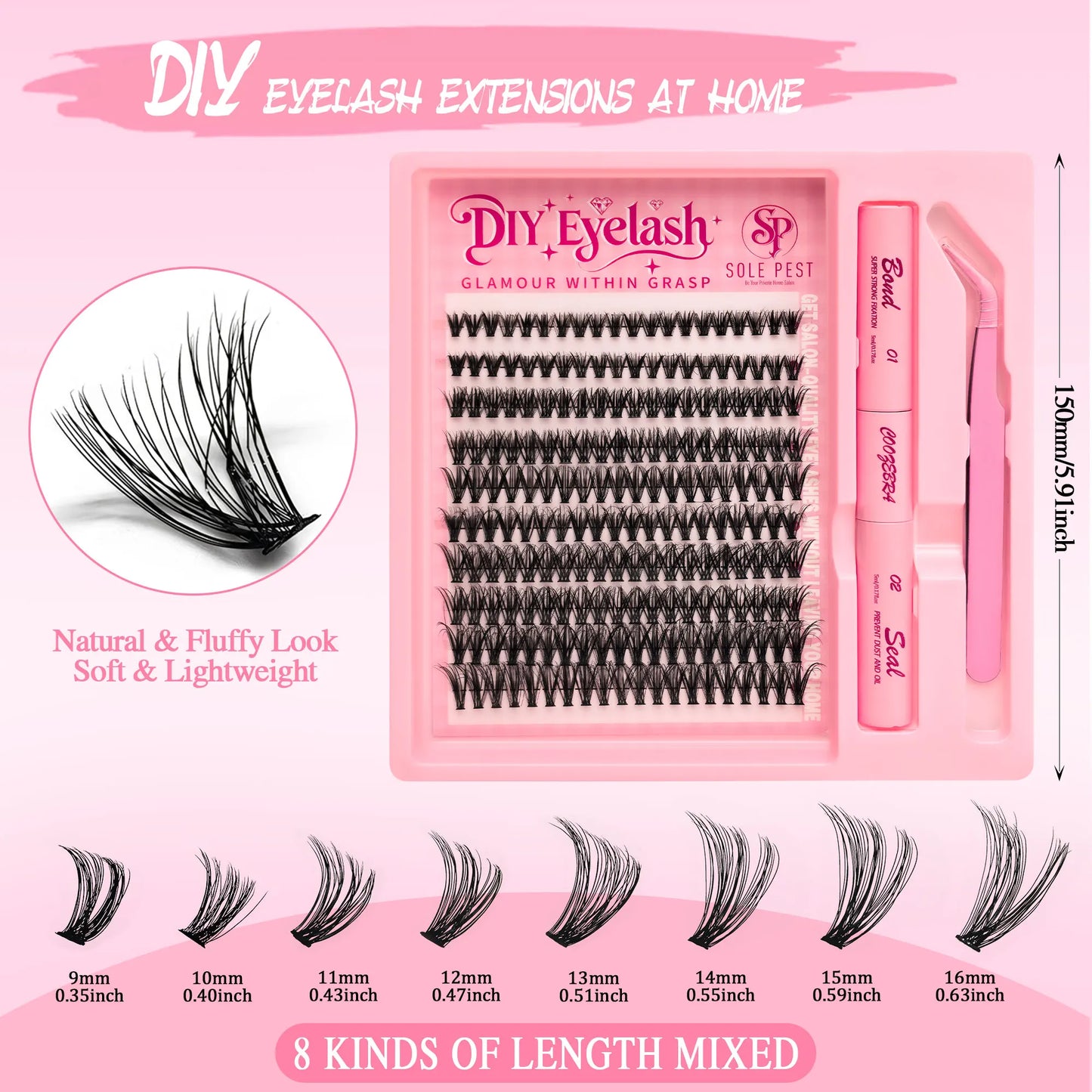 200 clusters of natural-looking false eyelashes - 9-16 mm, includes eyelash glue and tweezers for D I Y eyelash extensions.