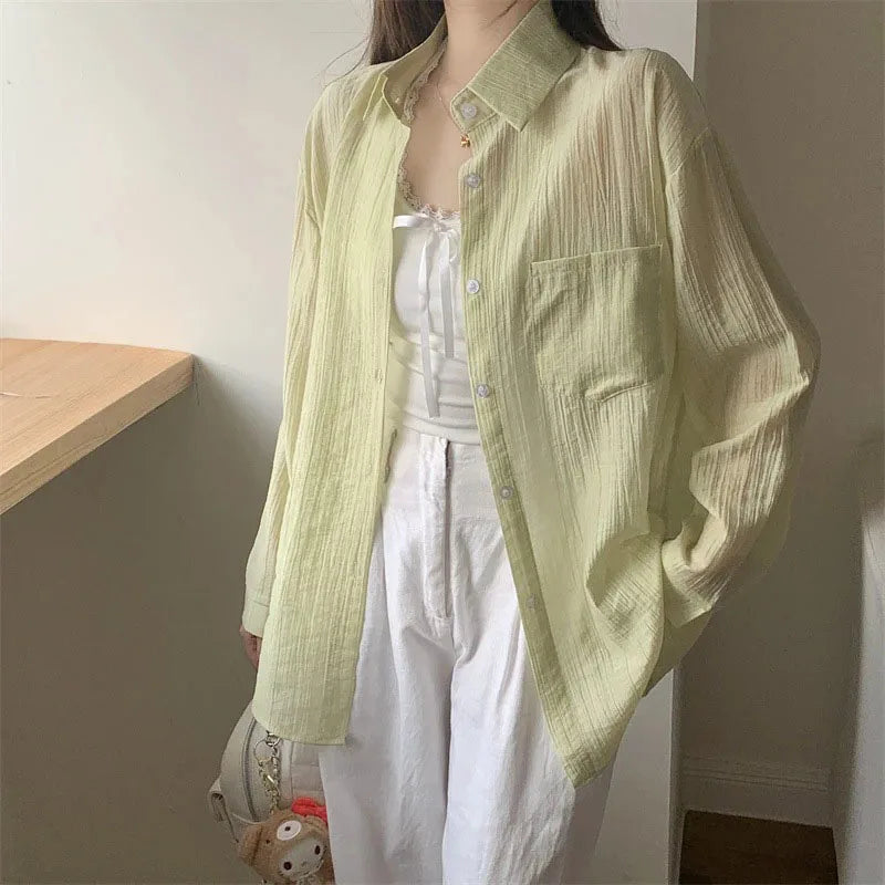Summer Thin Sun-proof Shirts for Women Solid Color All-match Loose Casual Chiffon Blouse Korean Basic Simple See Through Shirt