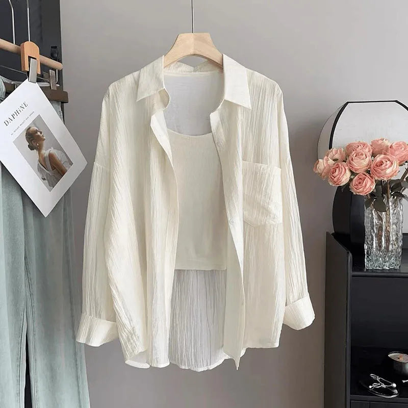 Summer Thin Sun-proof Shirts for Women Solid Color All-match Loose Casual Chiffon Blouse Korean Basic Simple See Through Shirt