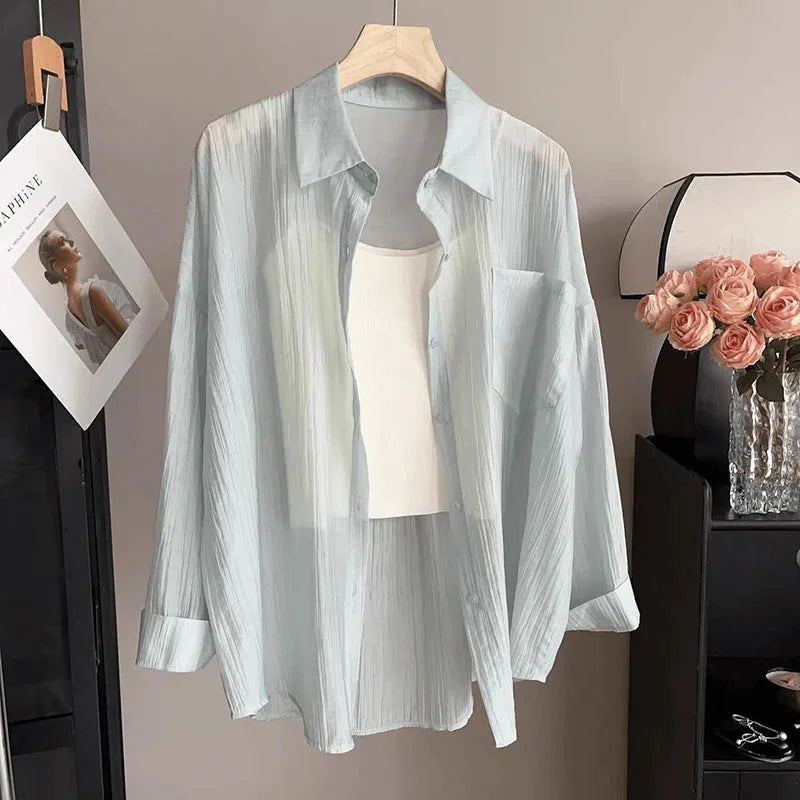 Summer Thin Sun-proof Shirts for Women Solid Color All-match Loose Casual Chiffon Blouse Korean Basic Simple See Through Shirt