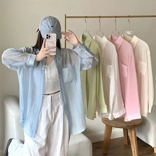 Summer Thin Sun-proof Shirts for Women Solid Color All-match Loose Casual Chiffon Blouse Korean Basic Simple See Through Shirt