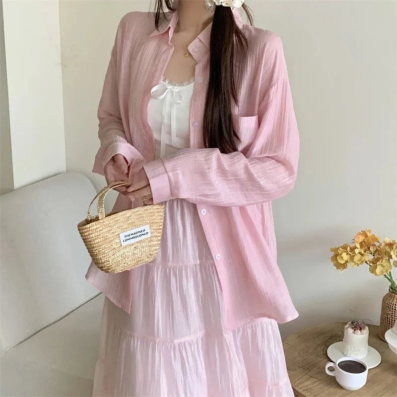 Summer Thin Sun-proof Shirts for Women Solid Color All-match Loose Casual Chiffon Blouse Korean Basic Simple See Through Shirt