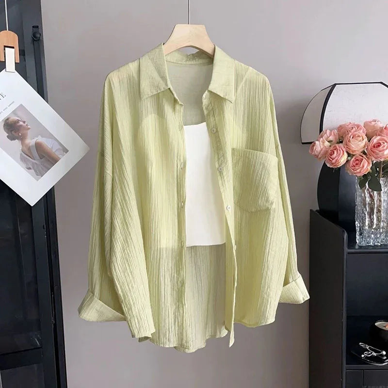 Summer Thin Sun-proof Shirts for Women Solid Color All-match Loose Casual Chiffon Blouse Korean Basic Simple See Through Shirt