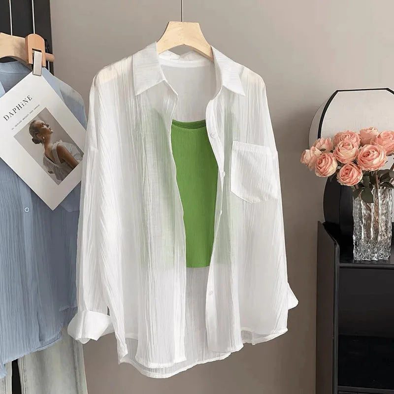 Summer Thin Sun-proof Shirts for Women Solid Color All-match Loose Casual Chiffon Blouse Korean Basic Simple See Through Shirt