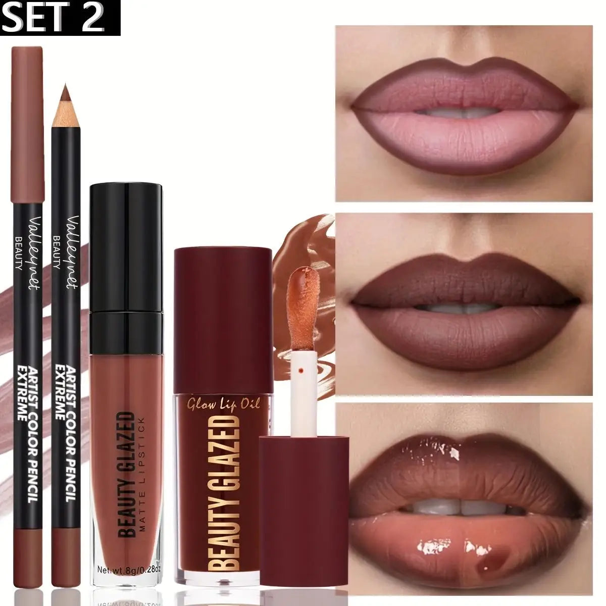 3pcs/Set Makeup Set: Matte Lip Liner+Lip Glaze+Moisturizing Lip Oil,Long-Lasting And Easy to Color,Waterproof And Sweat-Proof