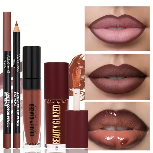 3pcs/Set Makeup Set: Matte Lip Liner+Lip Glaze+Moisturizing Lip Oil,Long-Lasting And Easy to Color,Waterproof And Sweat-Proof