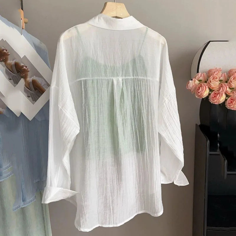Summer Thin Sun-proof Shirts for Women Solid Color All-match Loose Casual Chiffon Blouse Korean Basic Simple See Through Shirt