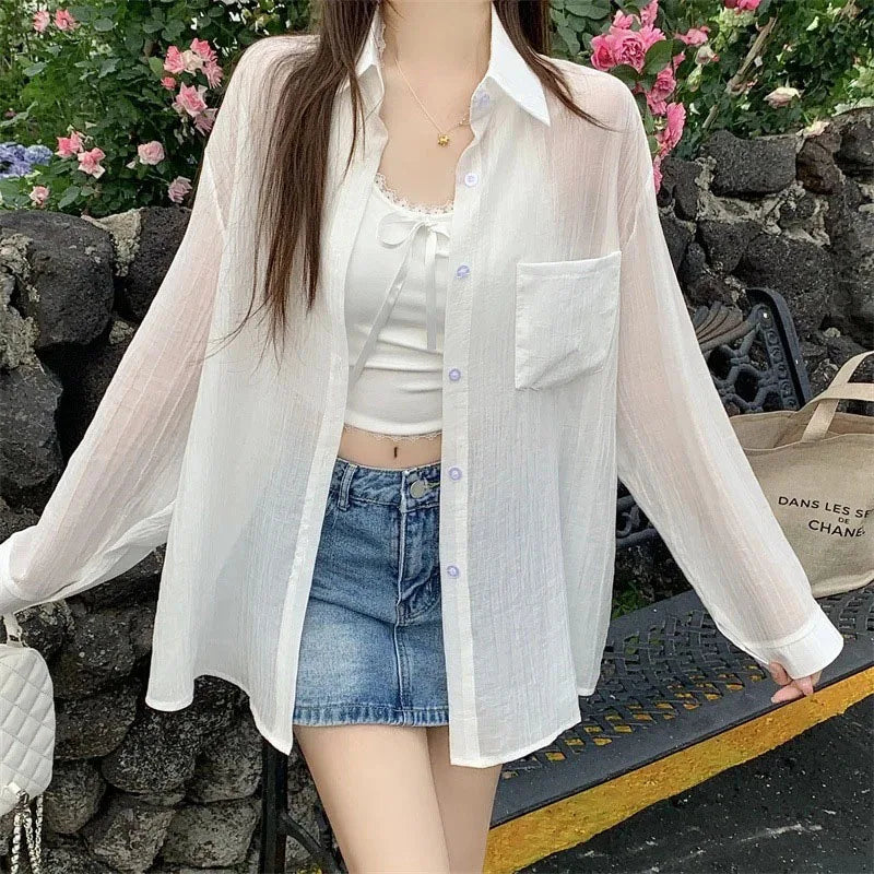 Summer Thin Sun-proof Shirts for Women Solid Color All-match Loose Casual Chiffon Blouse Korean Basic Simple See Through Shirt