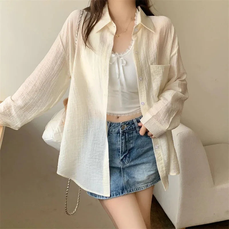 Summer Thin Sun-proof Shirts for Women Solid Color All-match Loose Casual Chiffon Blouse Korean Basic Simple See Through Shirt