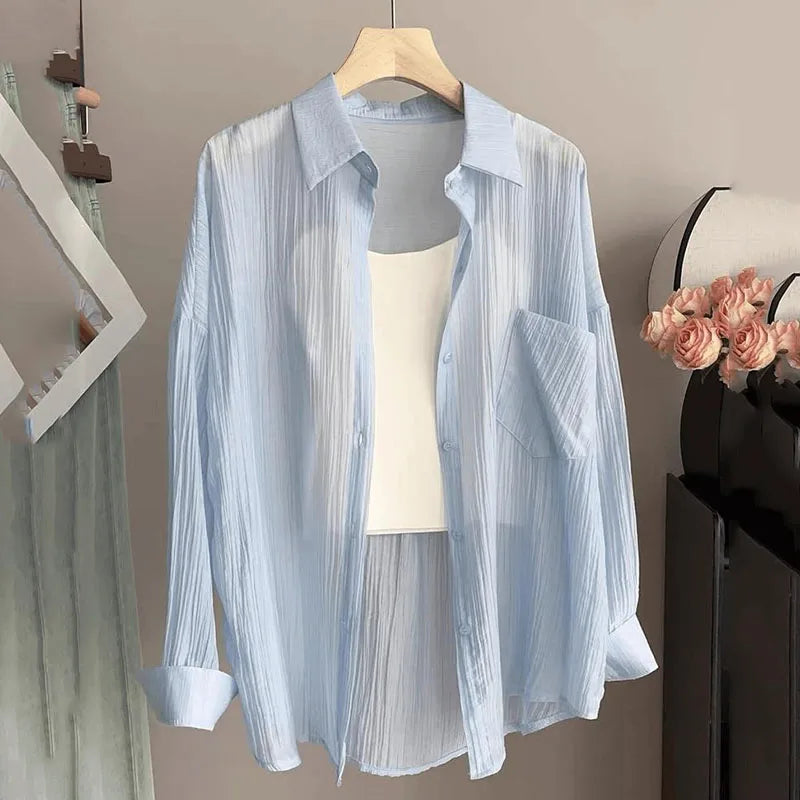 Summer Thin Sun-proof Shirts for Women Solid Color All-match Loose Casual Chiffon Blouse Korean Basic Simple See Through Shirt